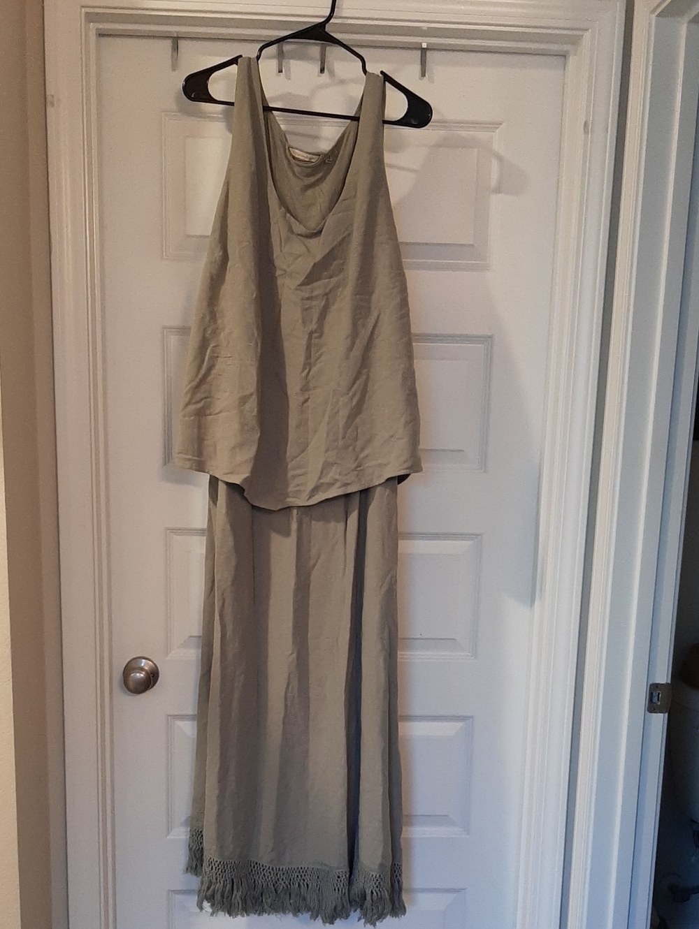 Soft Surroundings Sage Green Sleeveless Maxi Fringed Bottom Lightweight Dress